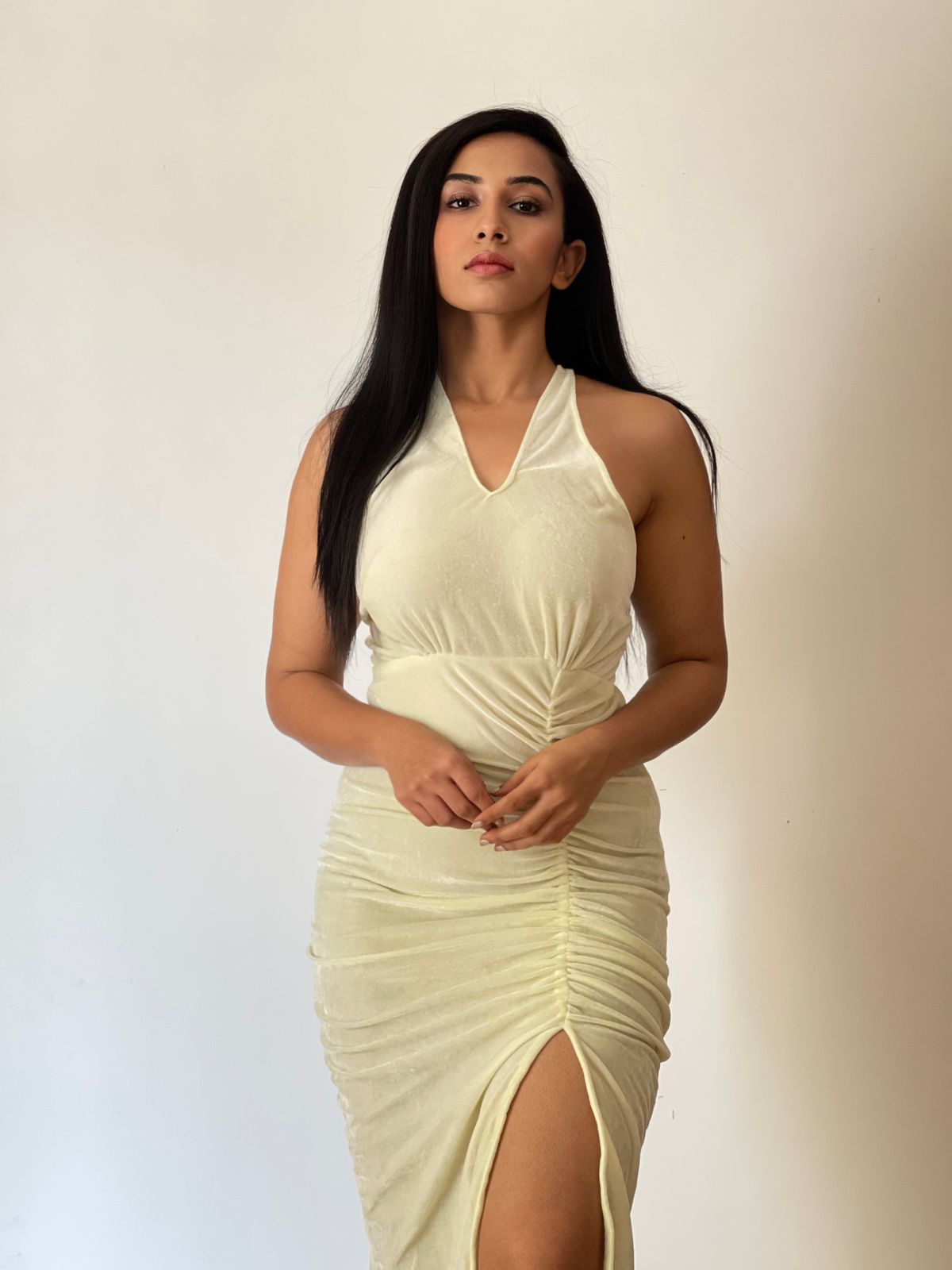 Liza lime yellow velvet dress - Emprall