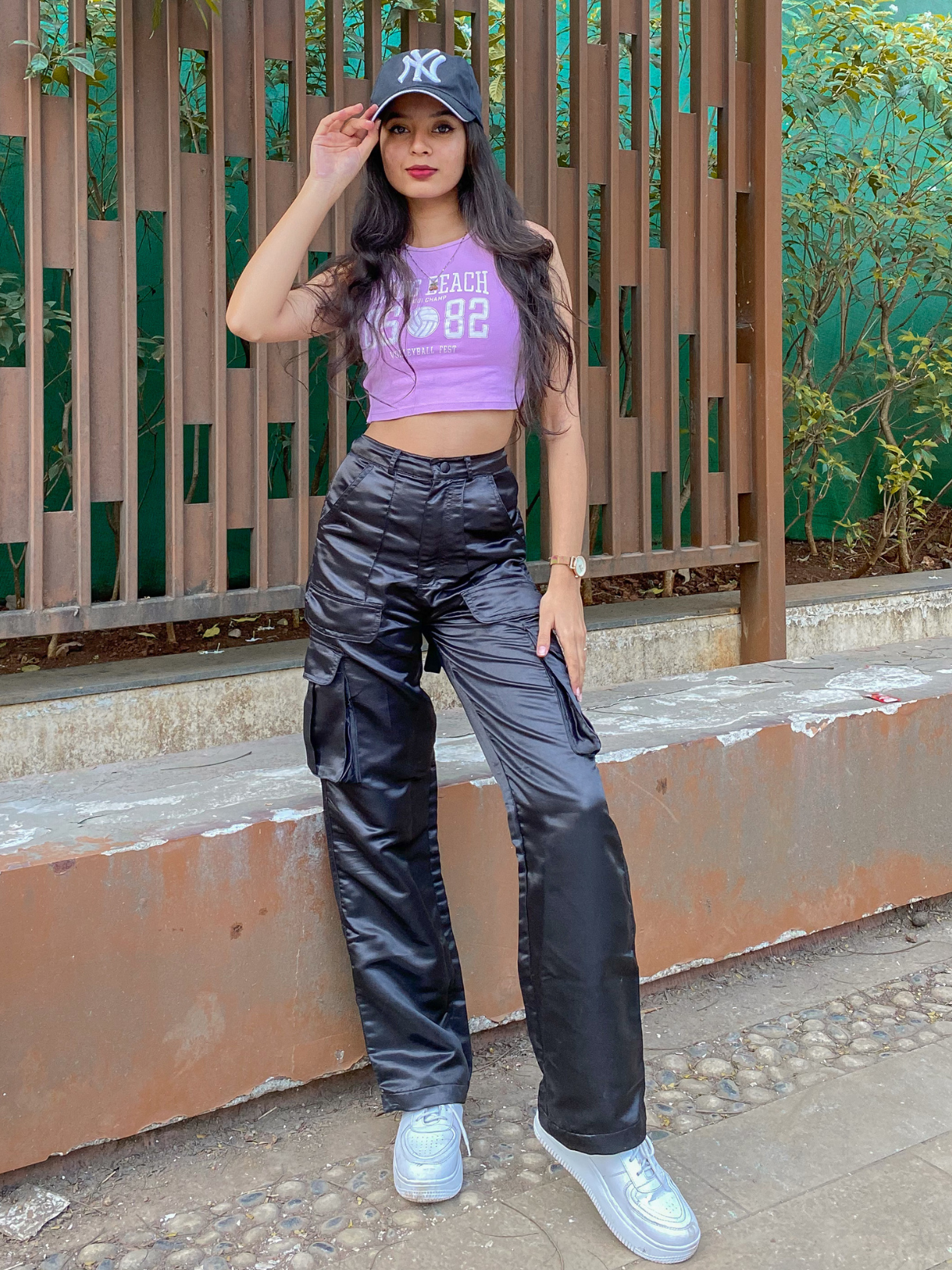 Fina Black satin utility cargo pants - Emprall