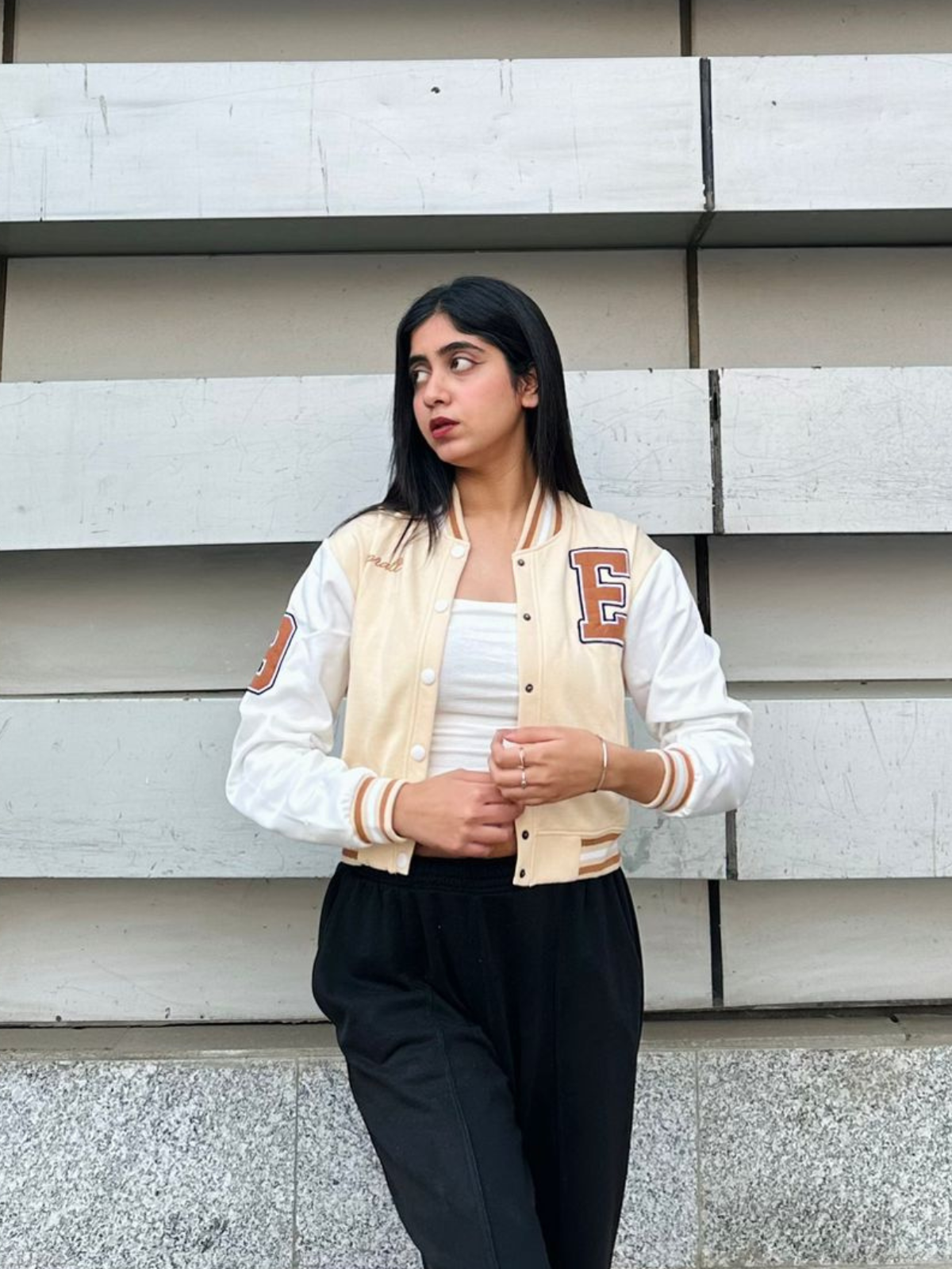 Beige crop varsity jacket - Emprall