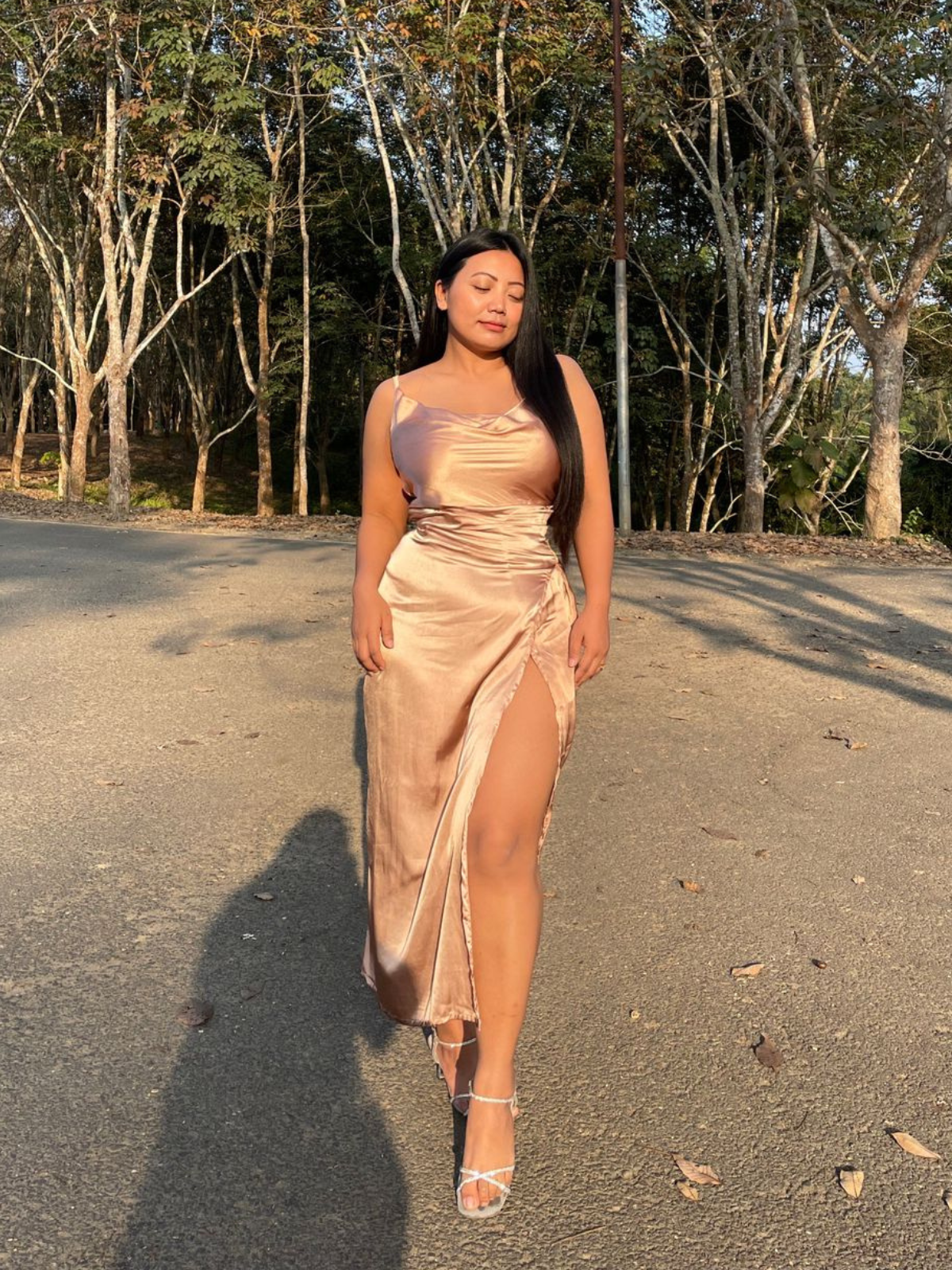 Peach gold satin maxi dress - Emprall