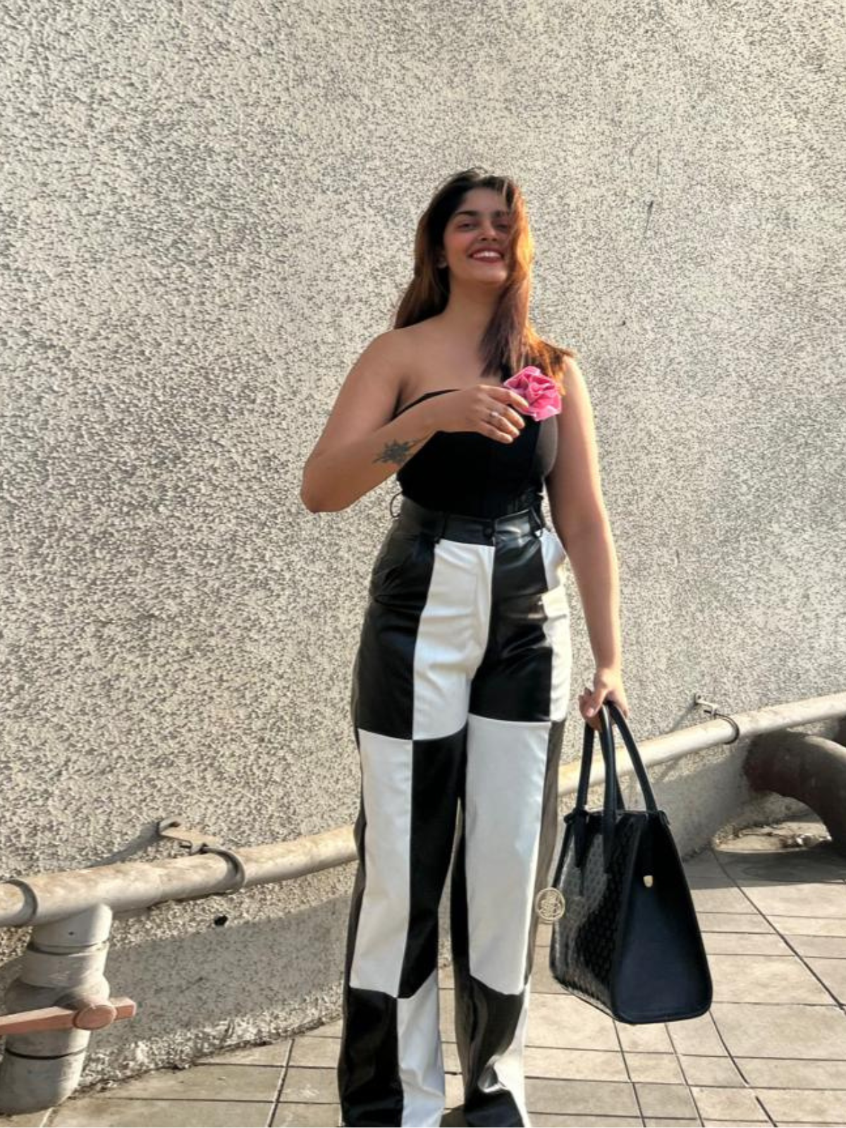 Erica Chequered PU pants Black & White - Emprall