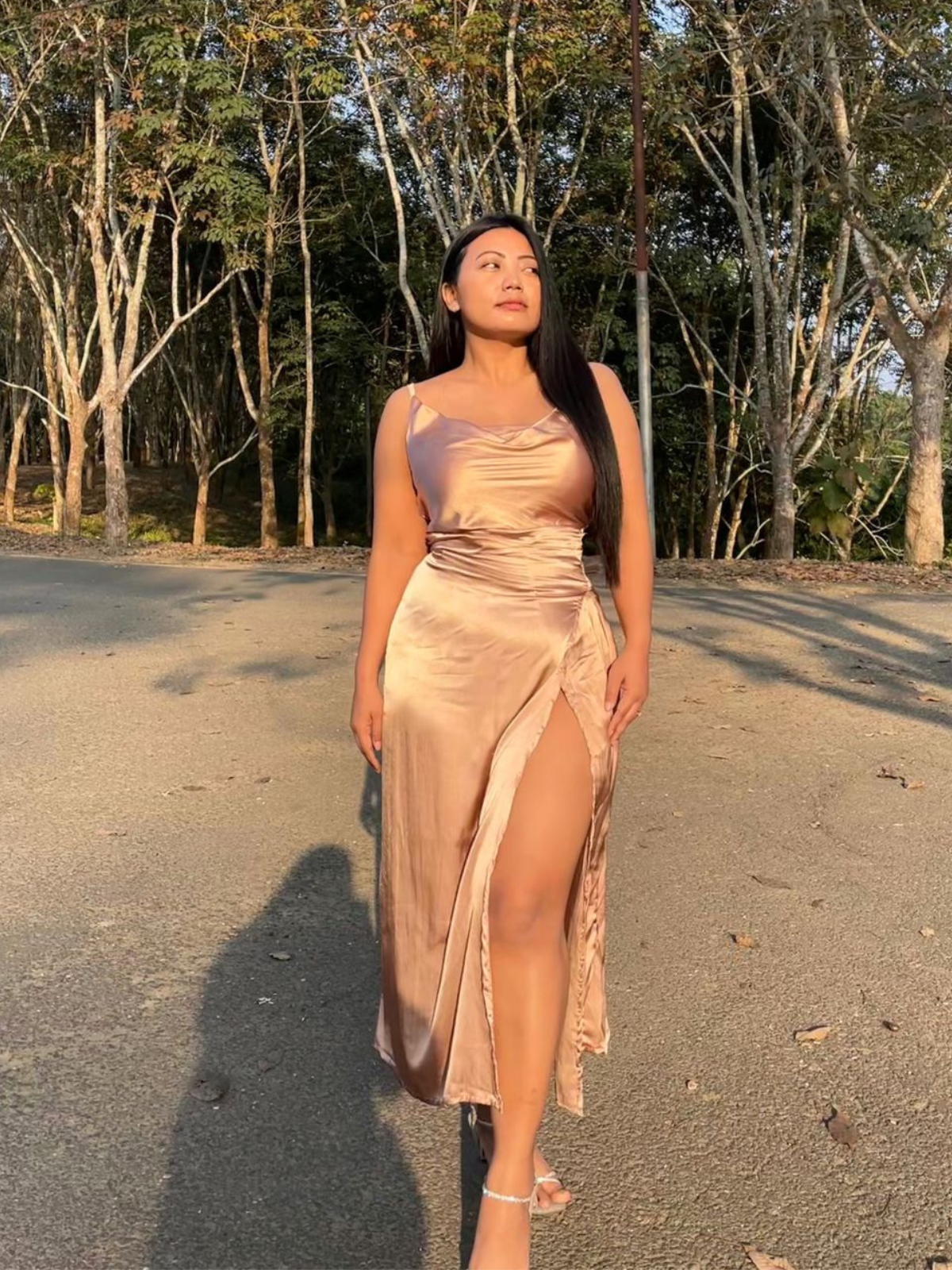 Peach gold satin maxi dress - Emprall