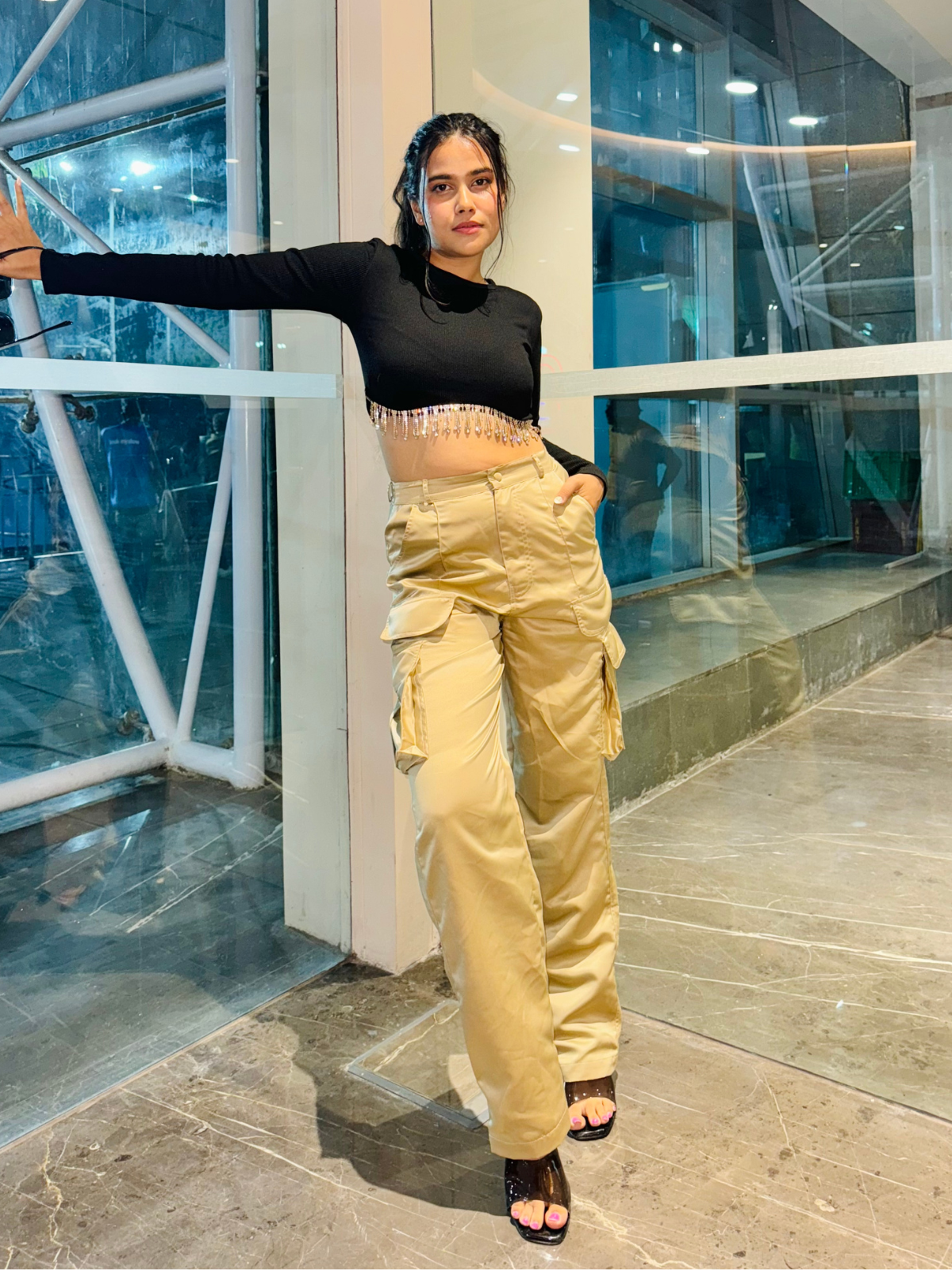 Fina Champagne satin utility cargo pants - Emprall