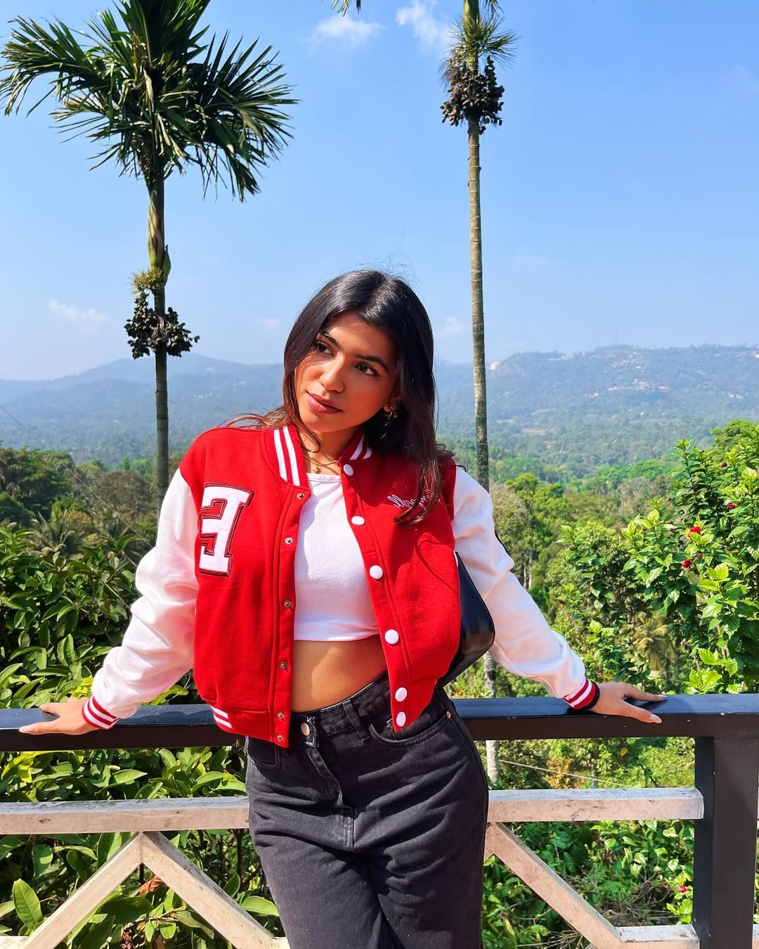 Red crop varsity jacket