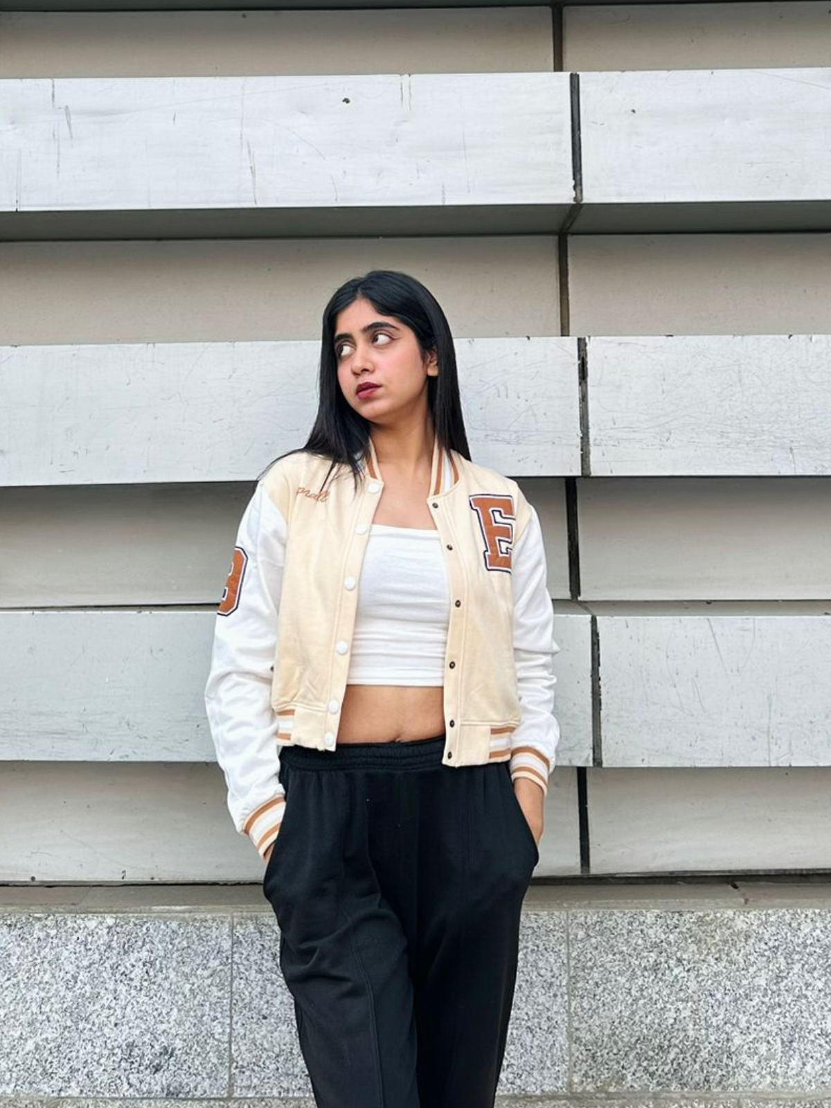 Beige crop varsity jacket - Emprall