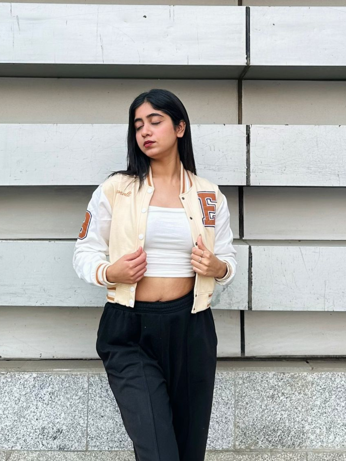 Beige crop varsity jacket - Emprall