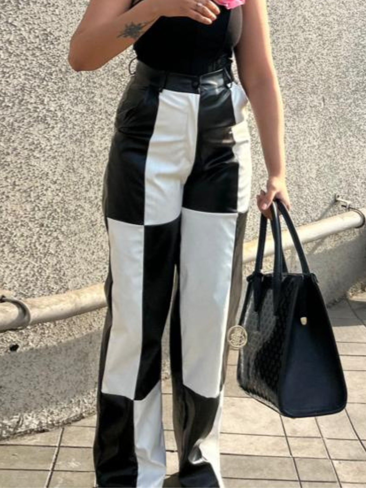 Erica Chequered PU pants Black & White - Emprall 
