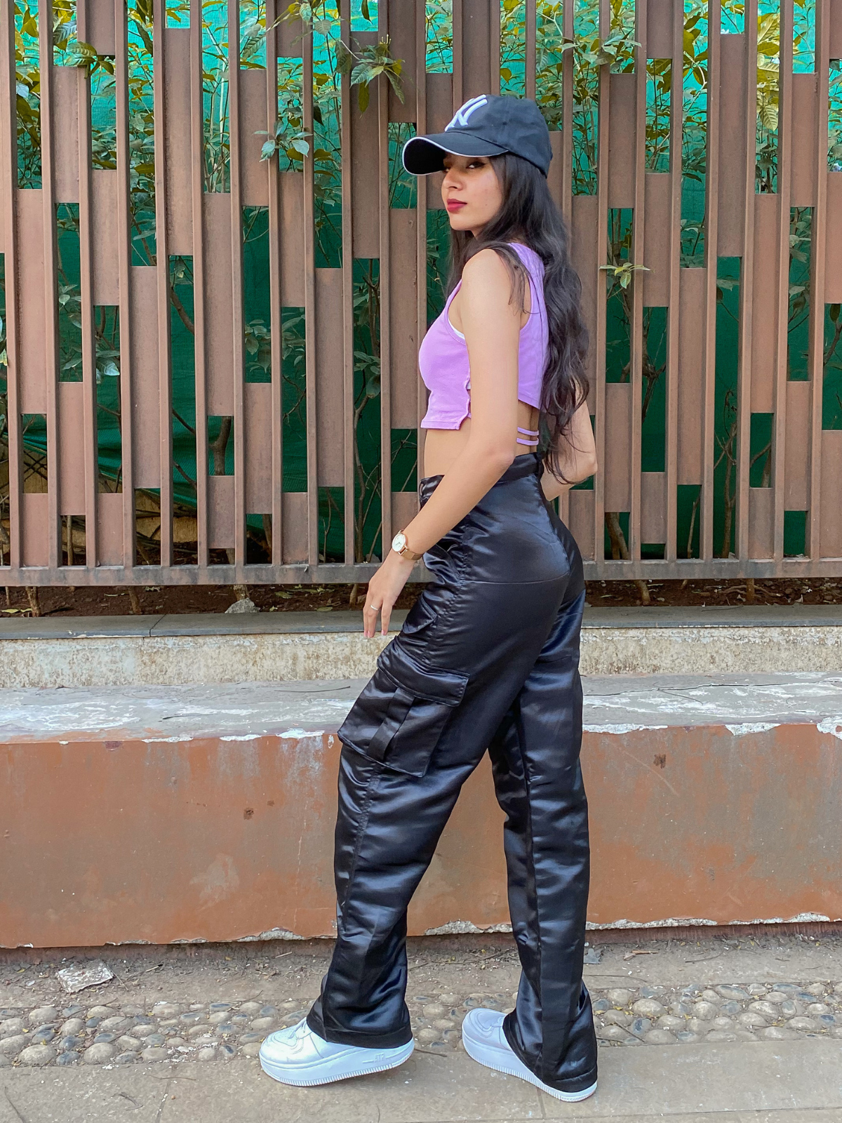 Fina Black satin utility cargo pants - Emprall