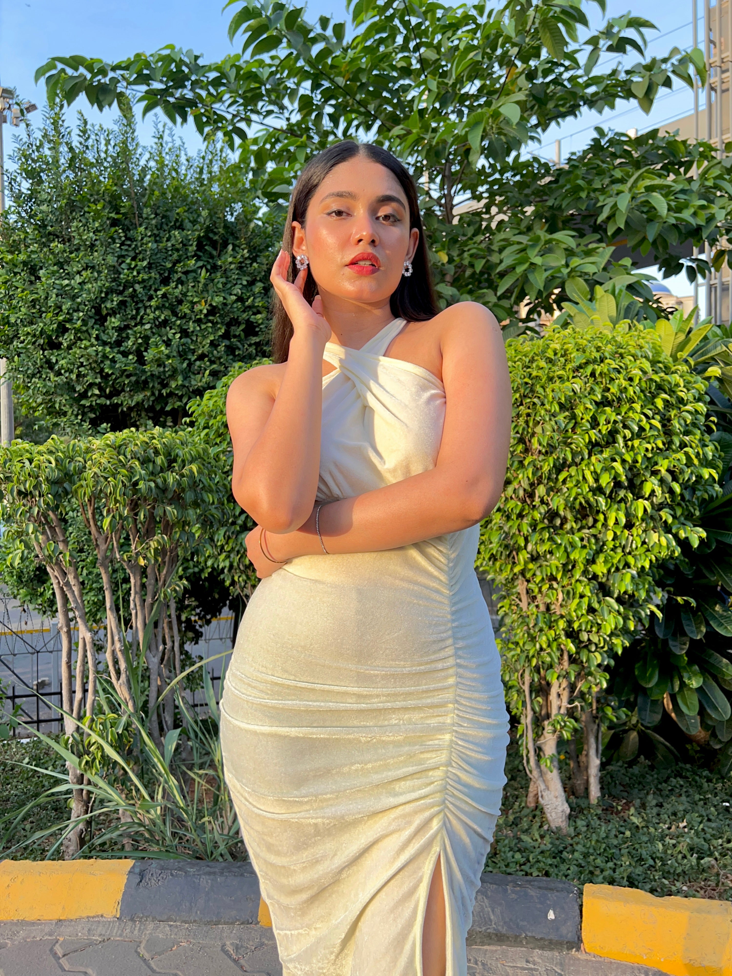 Liza lime yellow velvet dress - Emprall