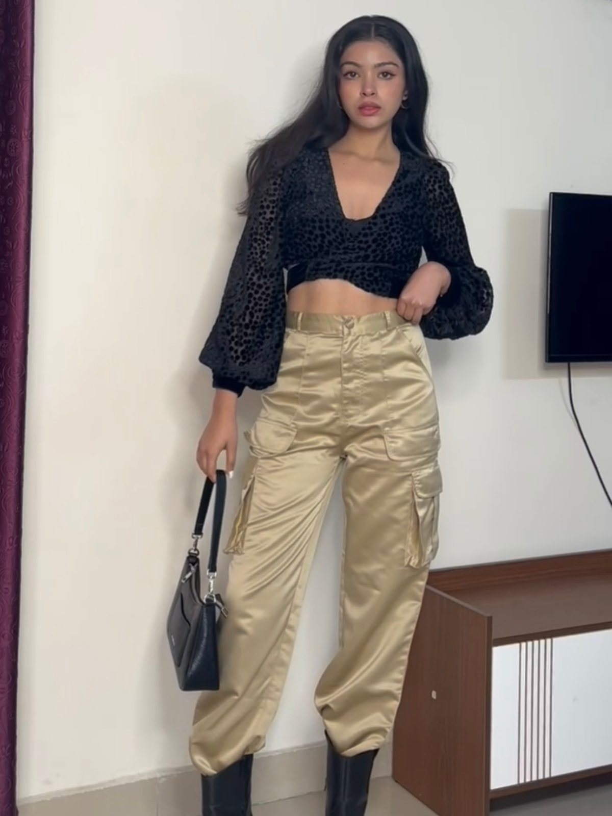 Fina Champagne satin utility cargo pants - Emprall