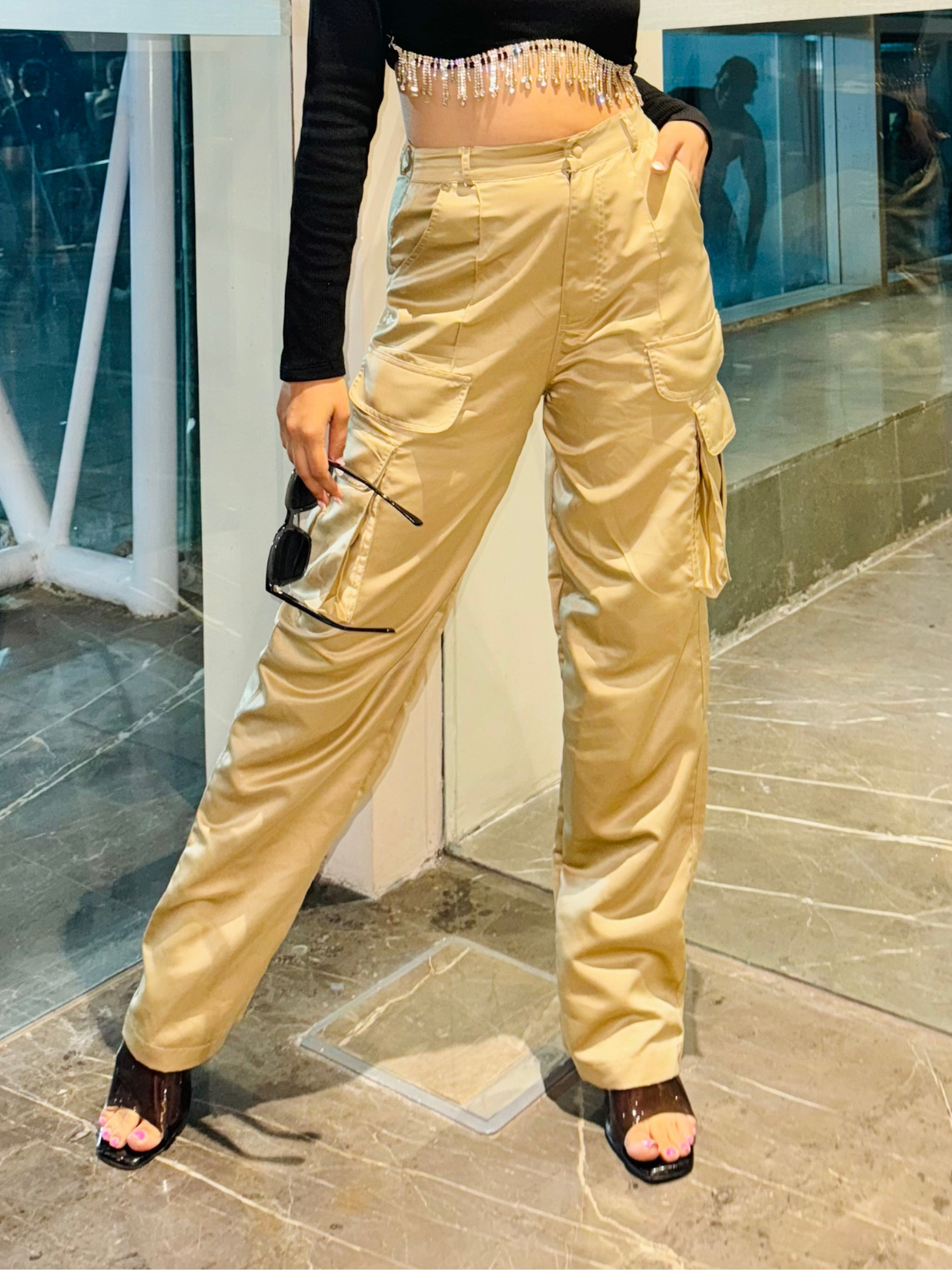 Fina Champagne satin utility cargo pants - Emprall