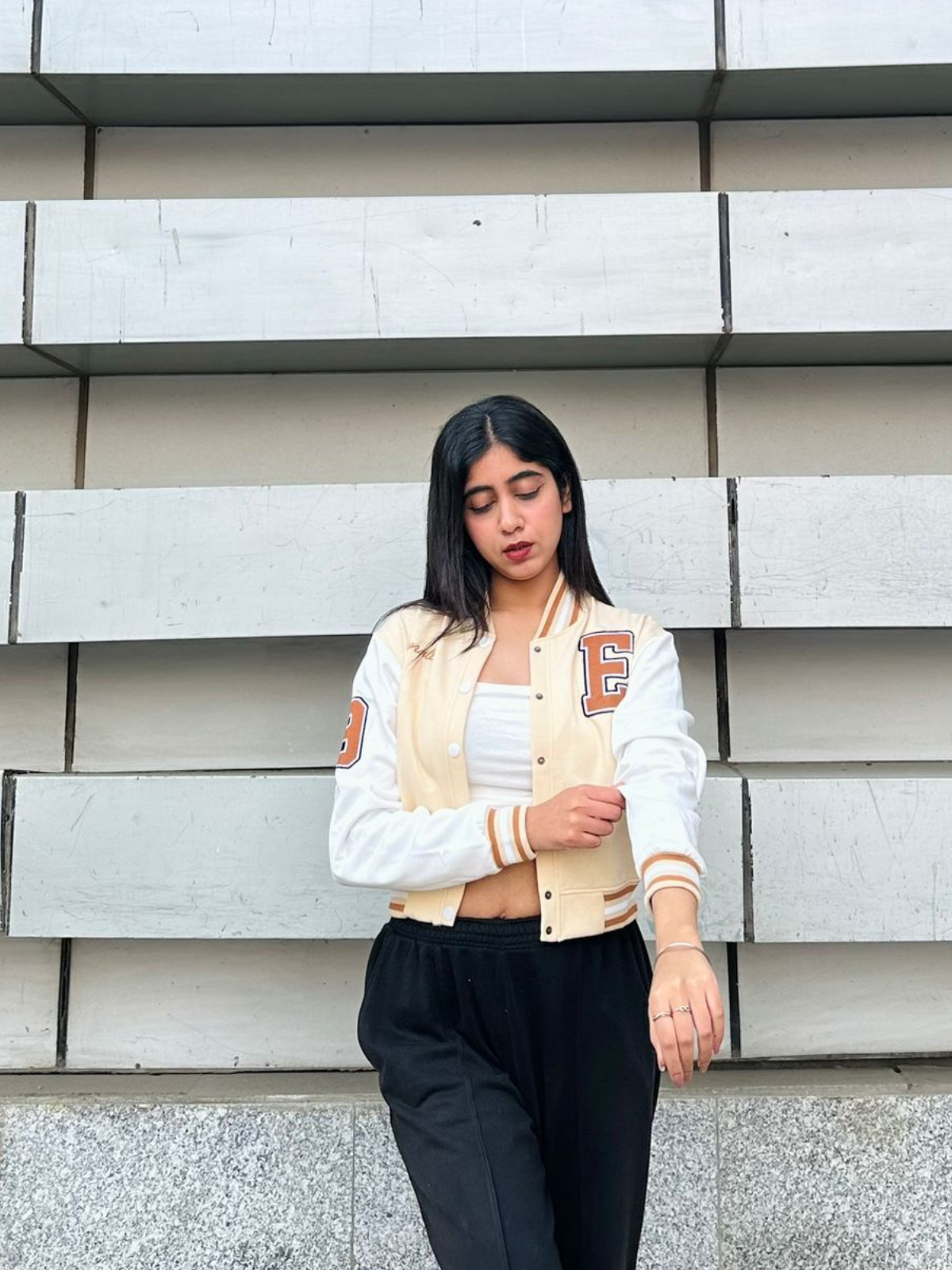 Beige crop varsity jacket - Emprall