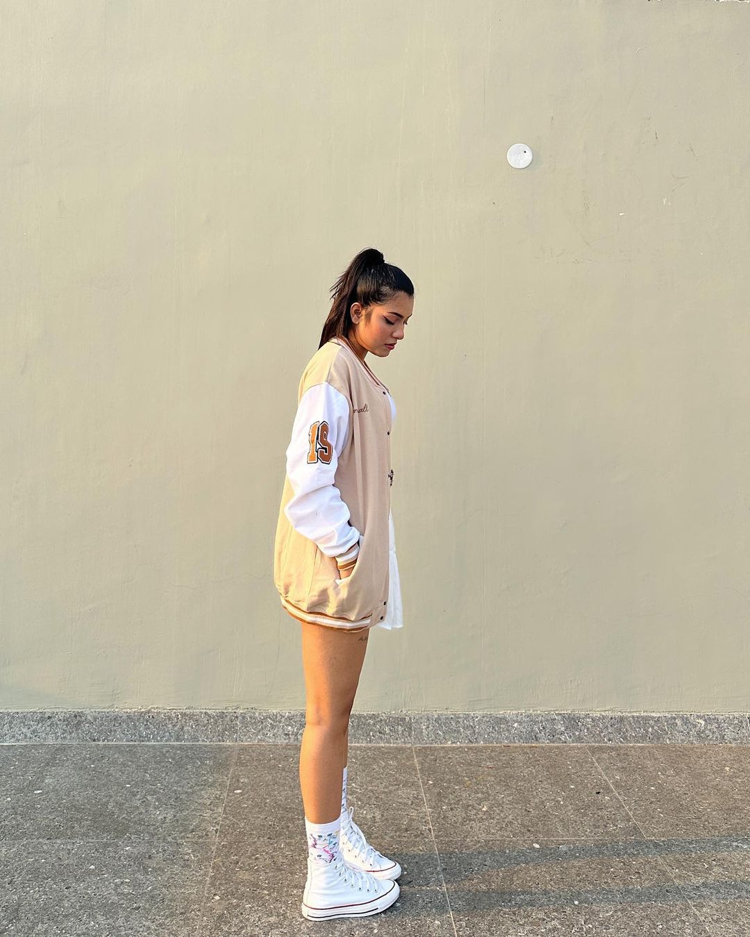 Beige Varsity Jacket with PU sleeves - Emprall