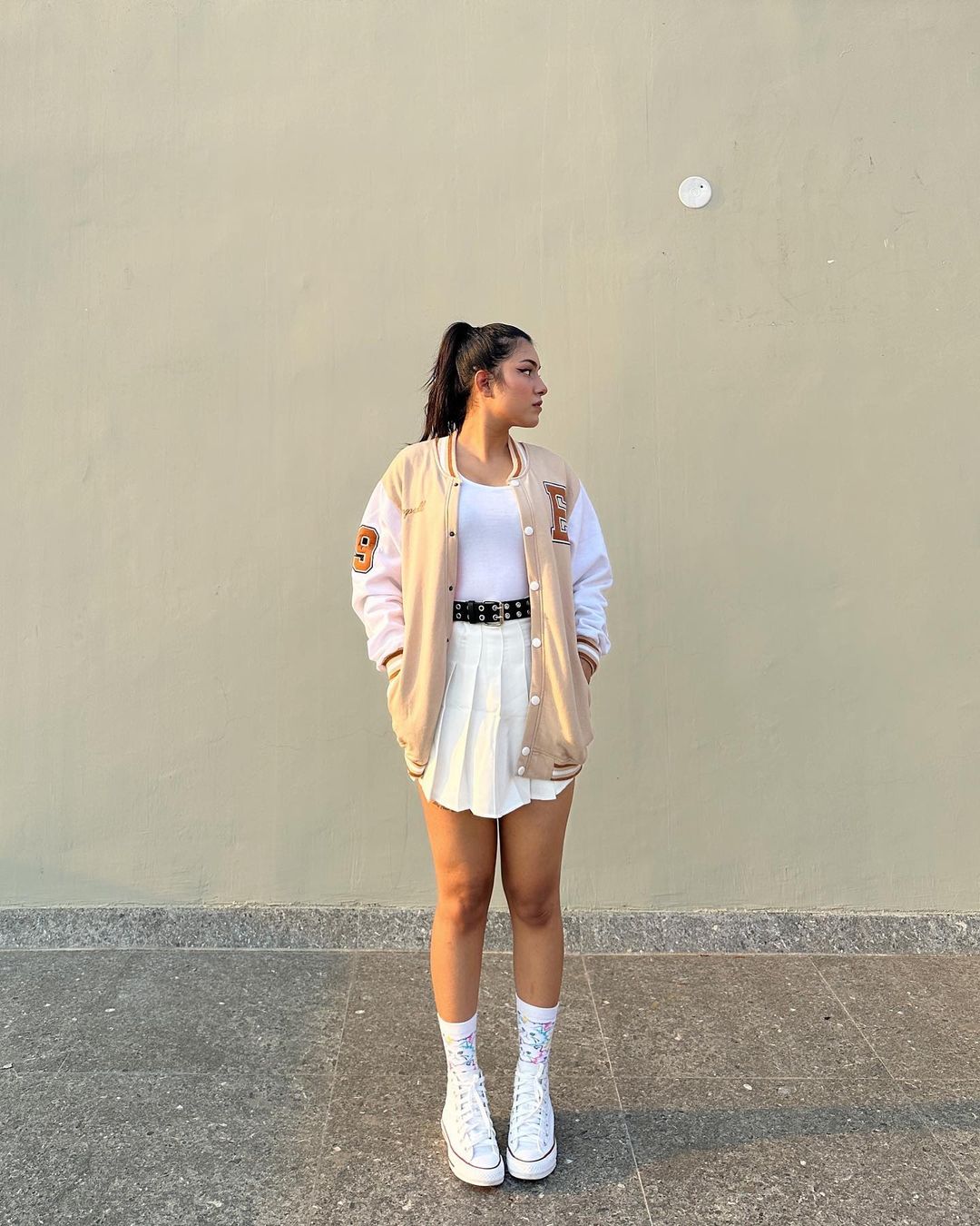Beige Varsity Jacket with PU sleeves - Emprall