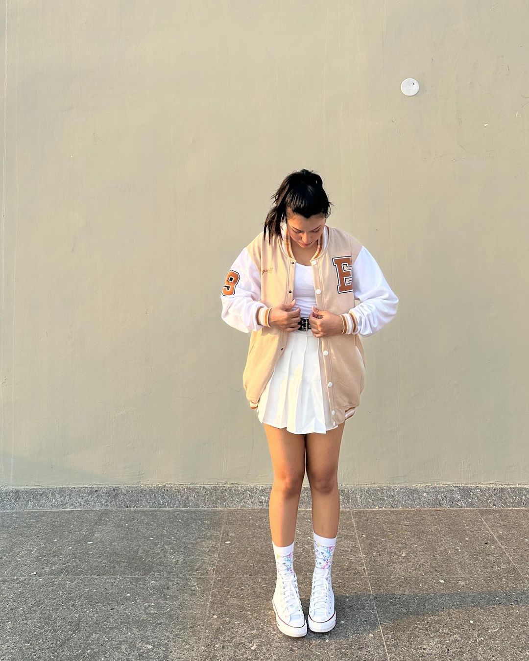 Beige Varsity Jacket with PU sleeves - Emprall