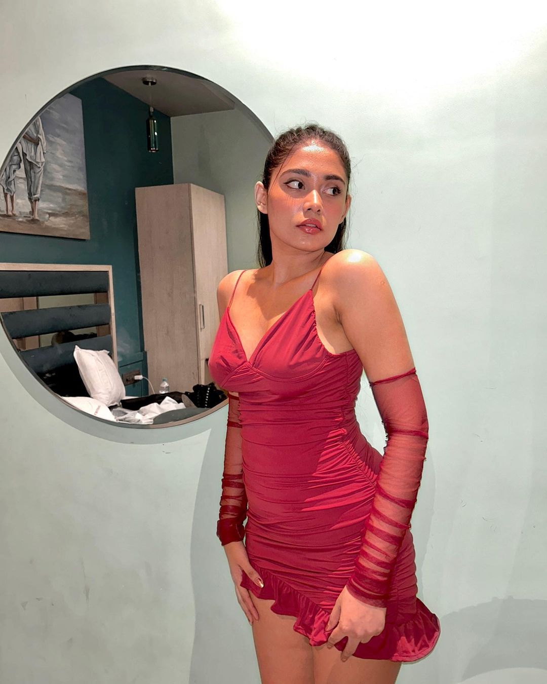 Celena burgundy dress with mesh gloves - Emprall