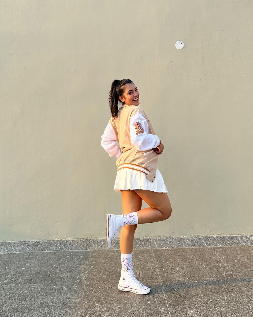 Beige Varsity Jacket with PU sleeves - Emprall