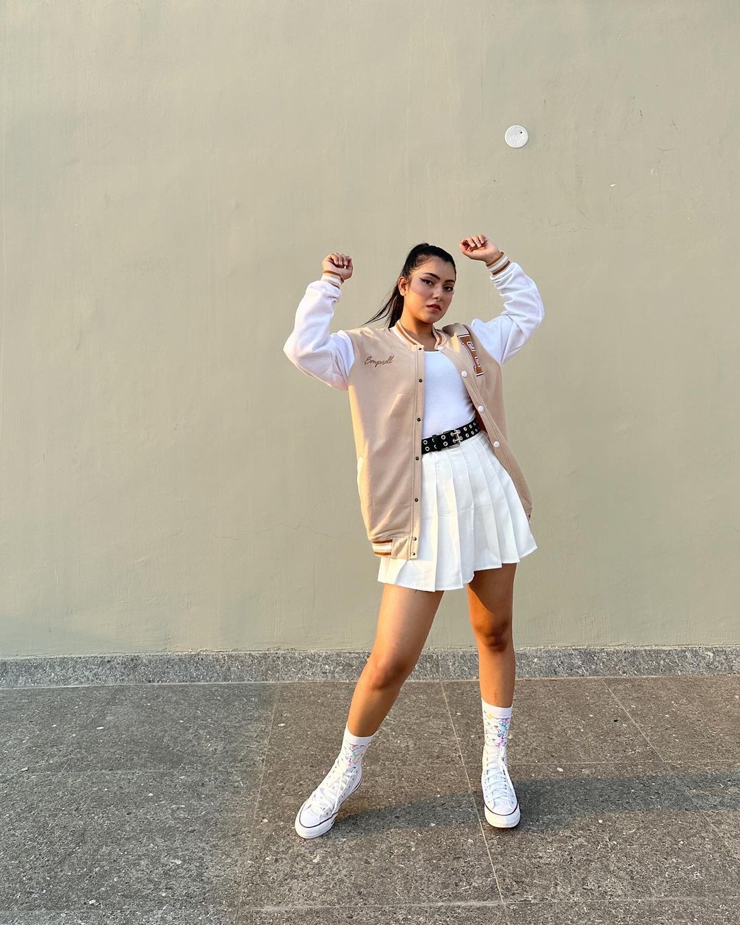 Beige Varsity Jacket with PU sleeves - Emprall