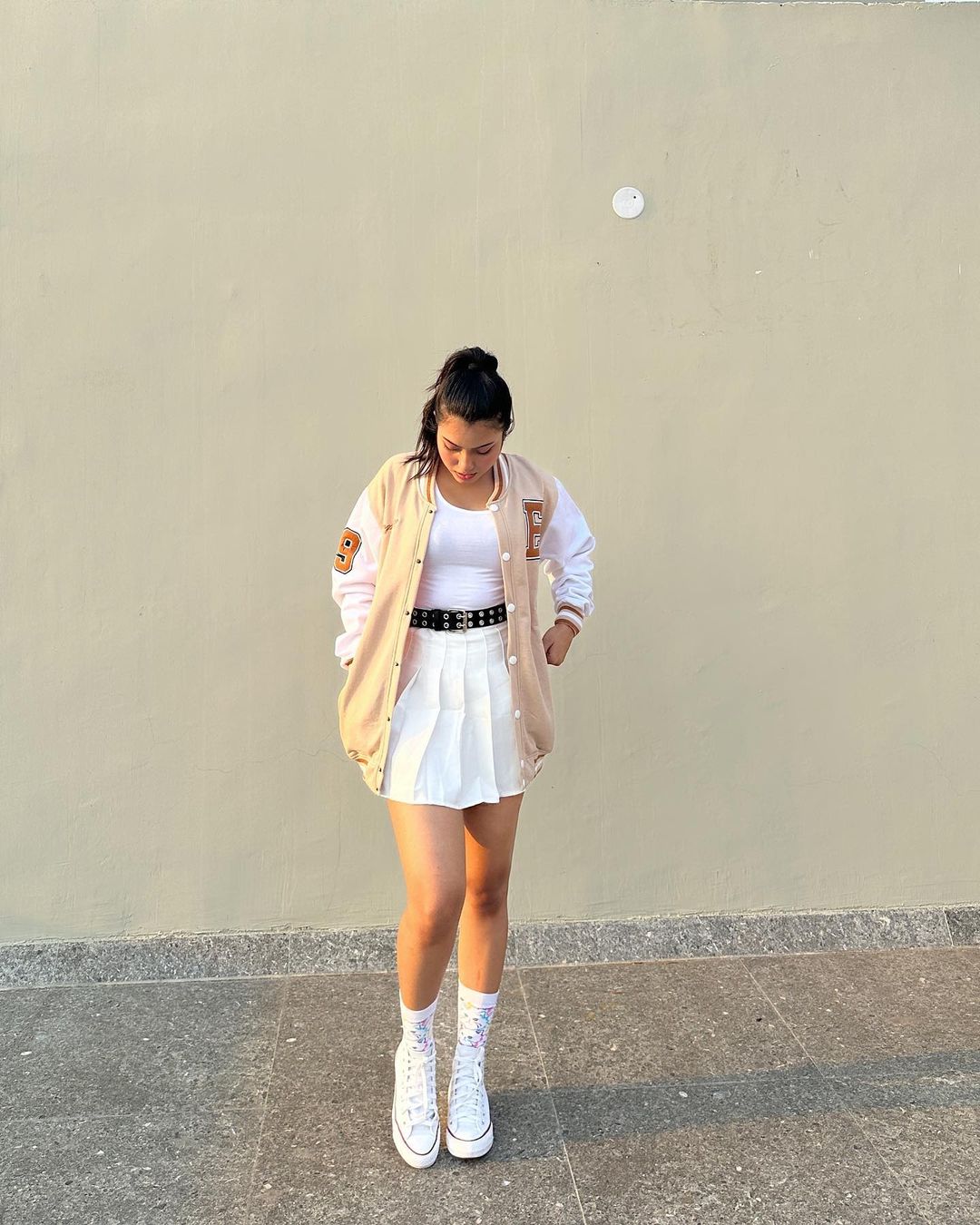 Beige Varsity Jacket with PU sleeves - Emprall