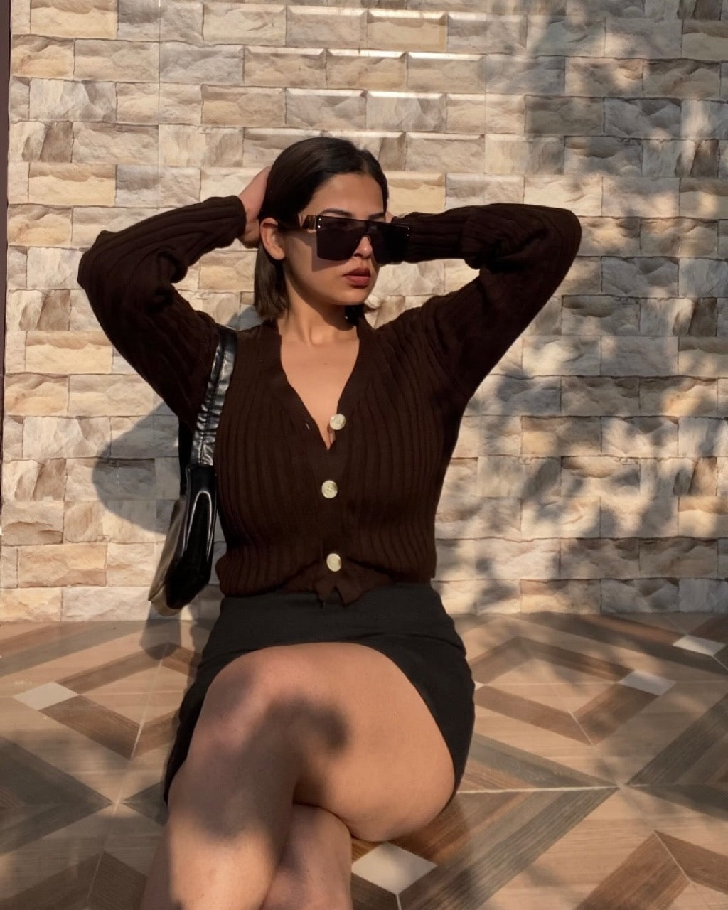 Elsa brown knitted cardigan top - Emprall