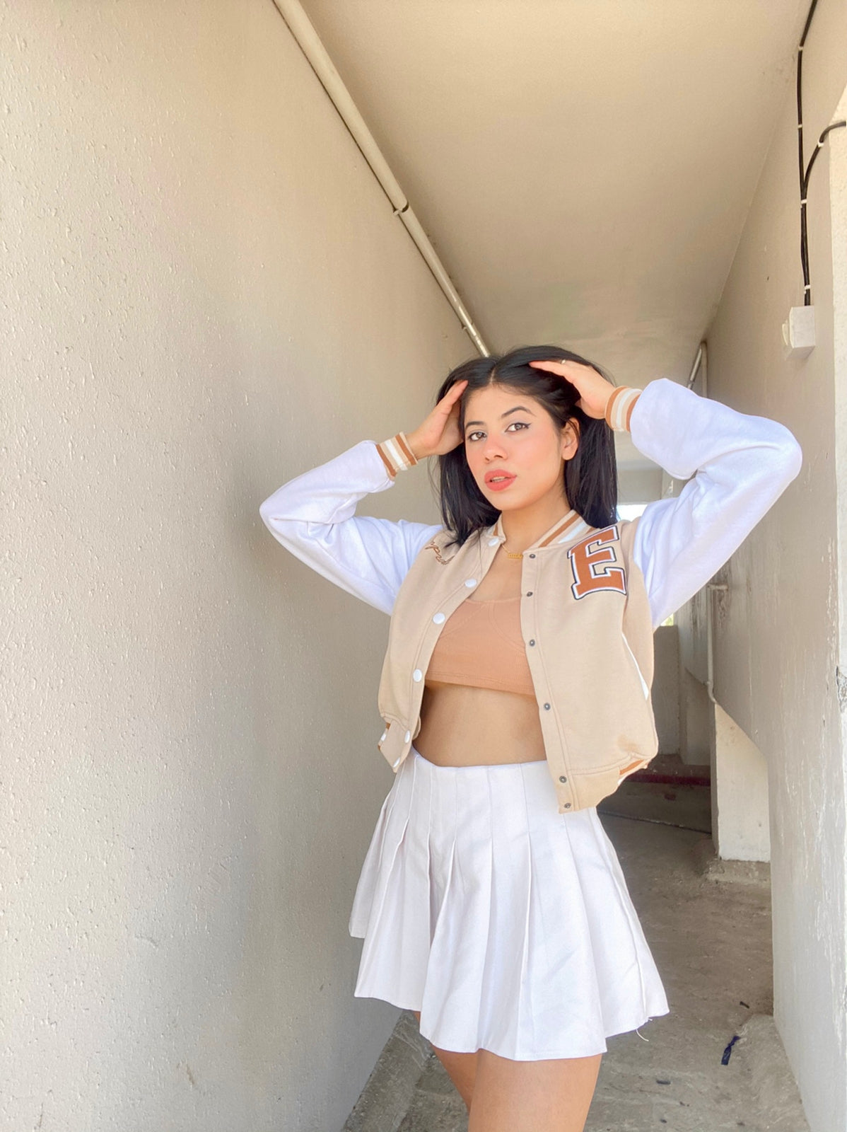 Beige crop varsity jacket - Emprall
