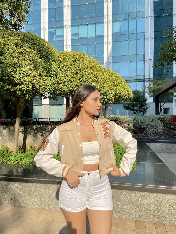 Beige crop varsity jacket with PU sleeves - Emprall