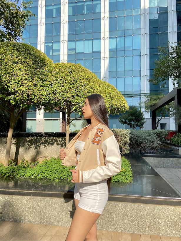 Beige crop varsity jacket with PU sleeves - Emprall