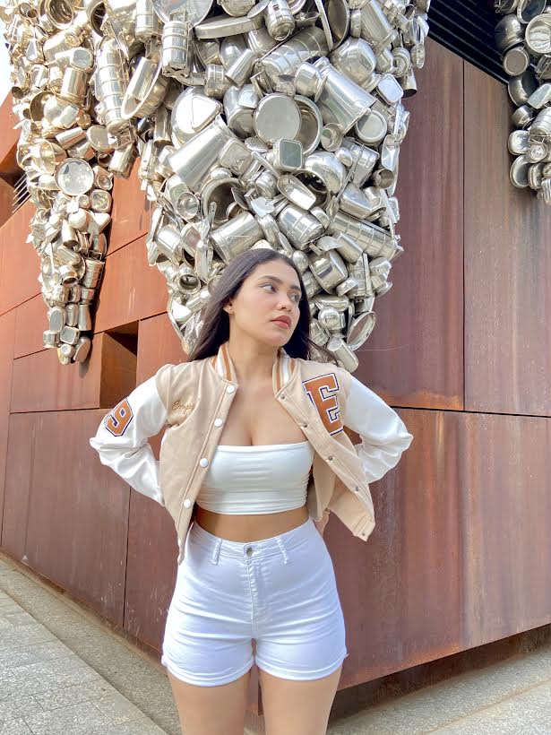 Beige crop varsity jacket with PU sleeves - Emprall