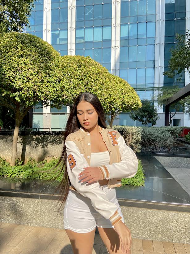 Beige crop varsity jacket with PU sleeves - Emprall