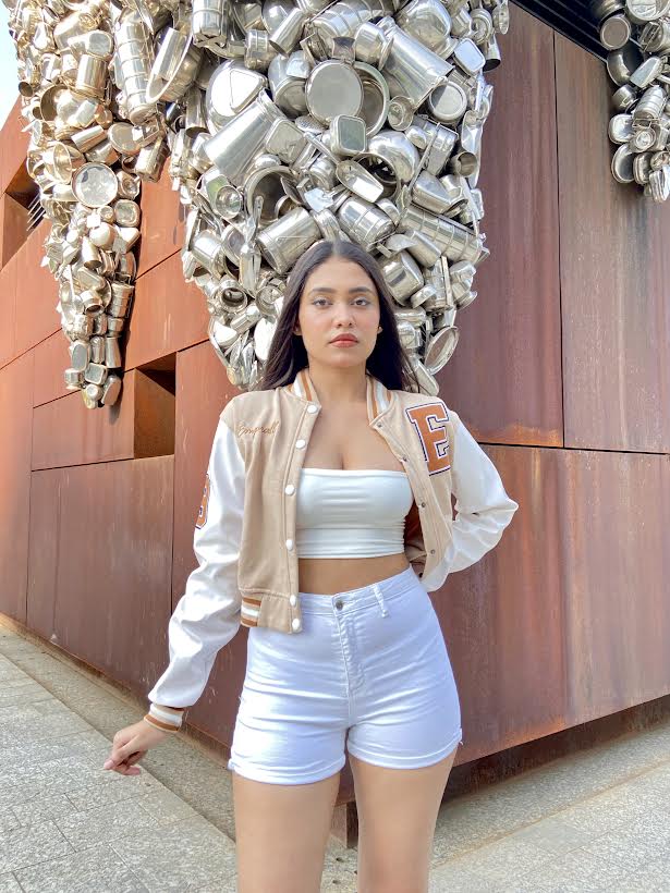 Beige crop varsity jacket with PU sleeves - Emprall