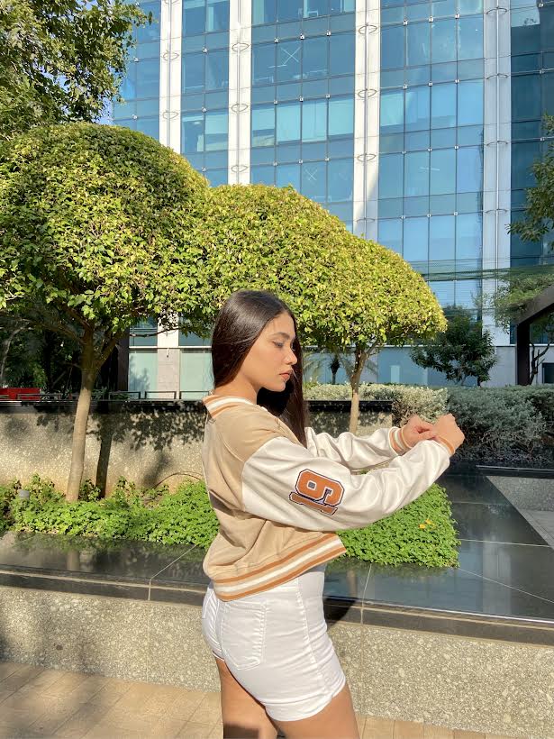Beige crop varsity jacket with PU sleeves - Emprall