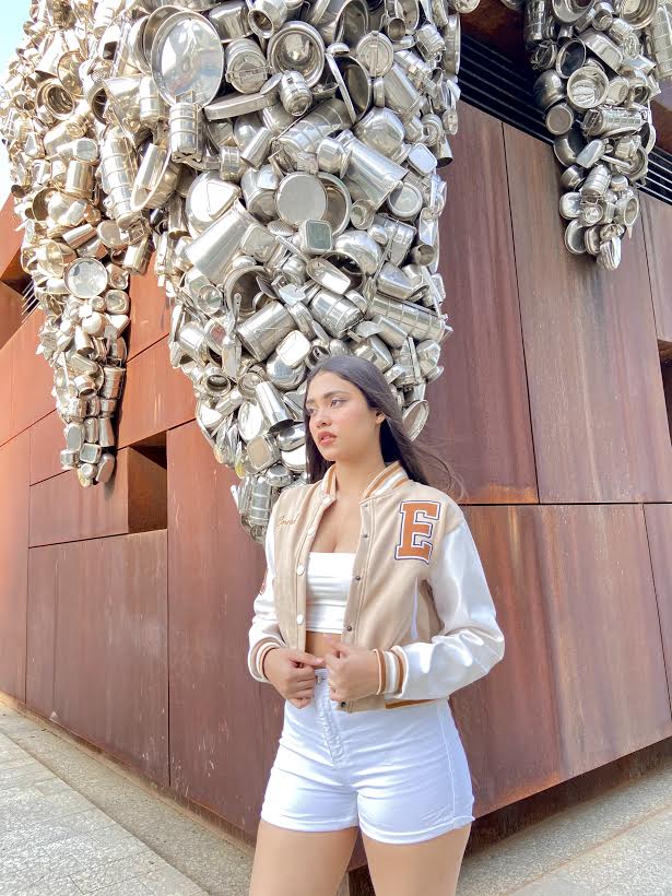 Beige crop varsity jacket with PU sleeves - Emprall