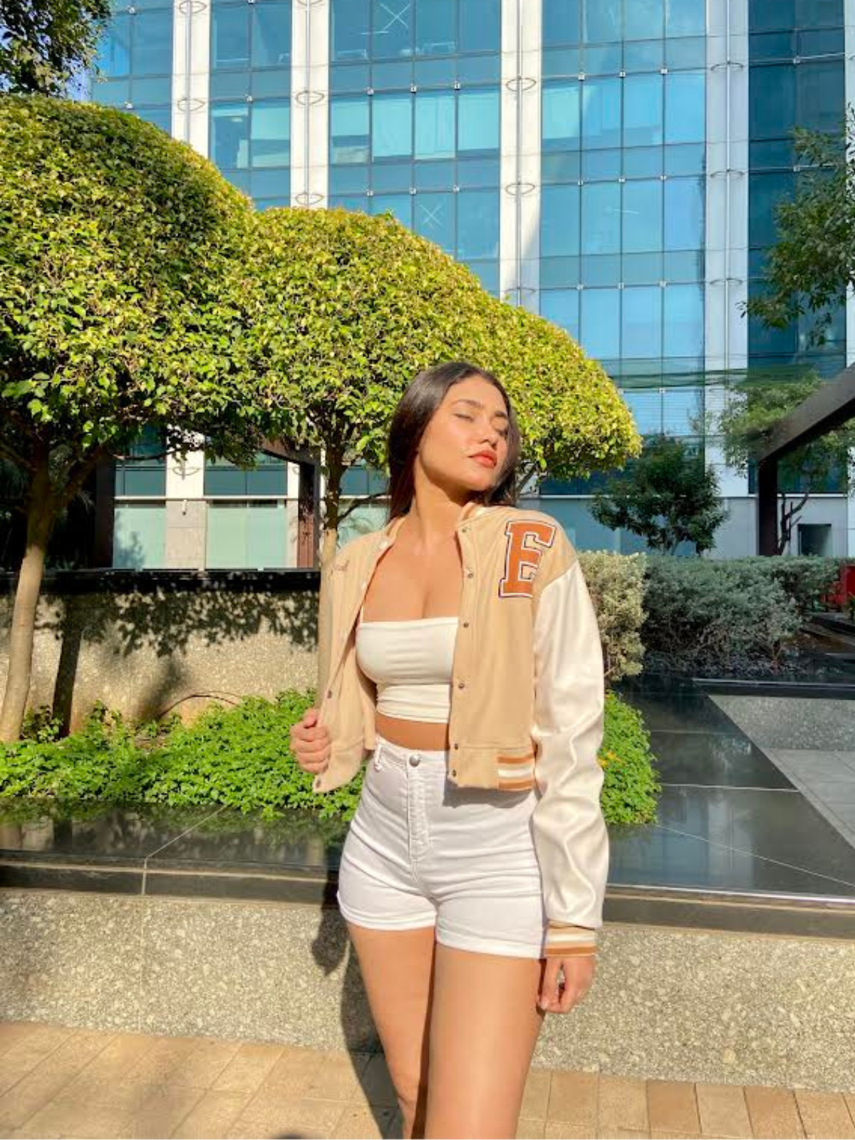 Beige crop varsity jacket with PU sleeves - Emprall
