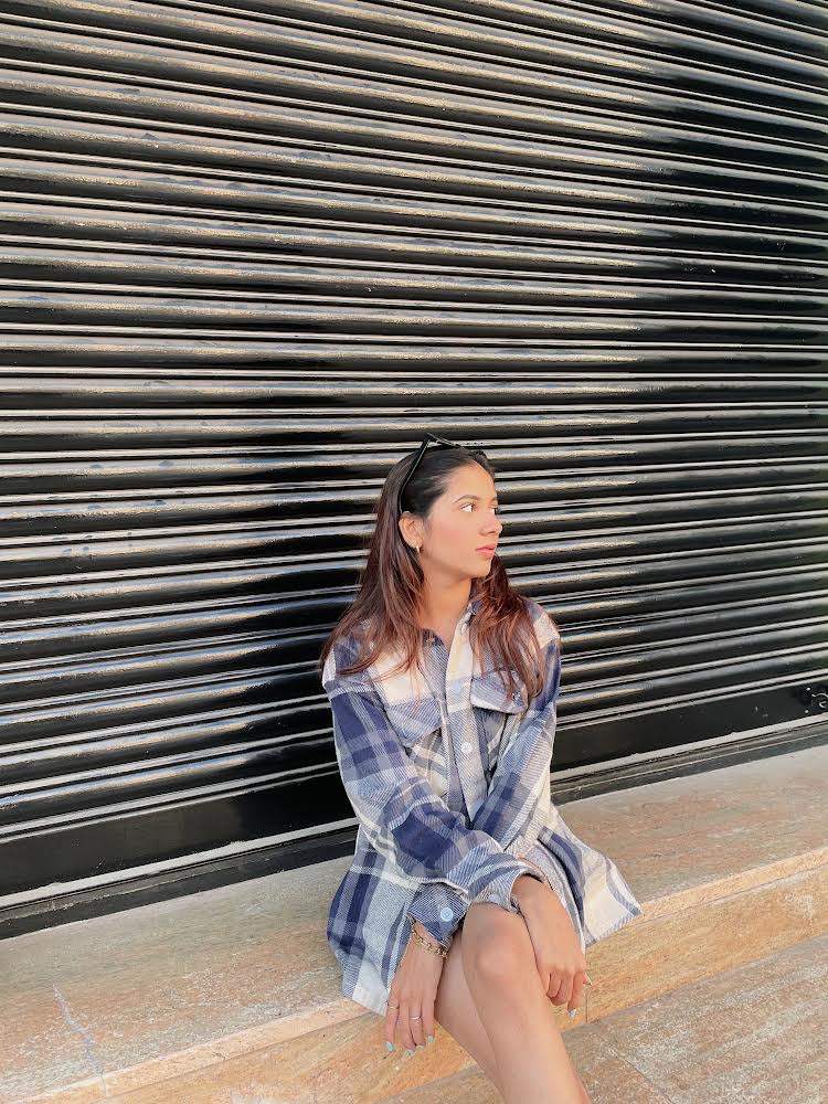 Oversized shacket in white and navy blue check print - Emprall