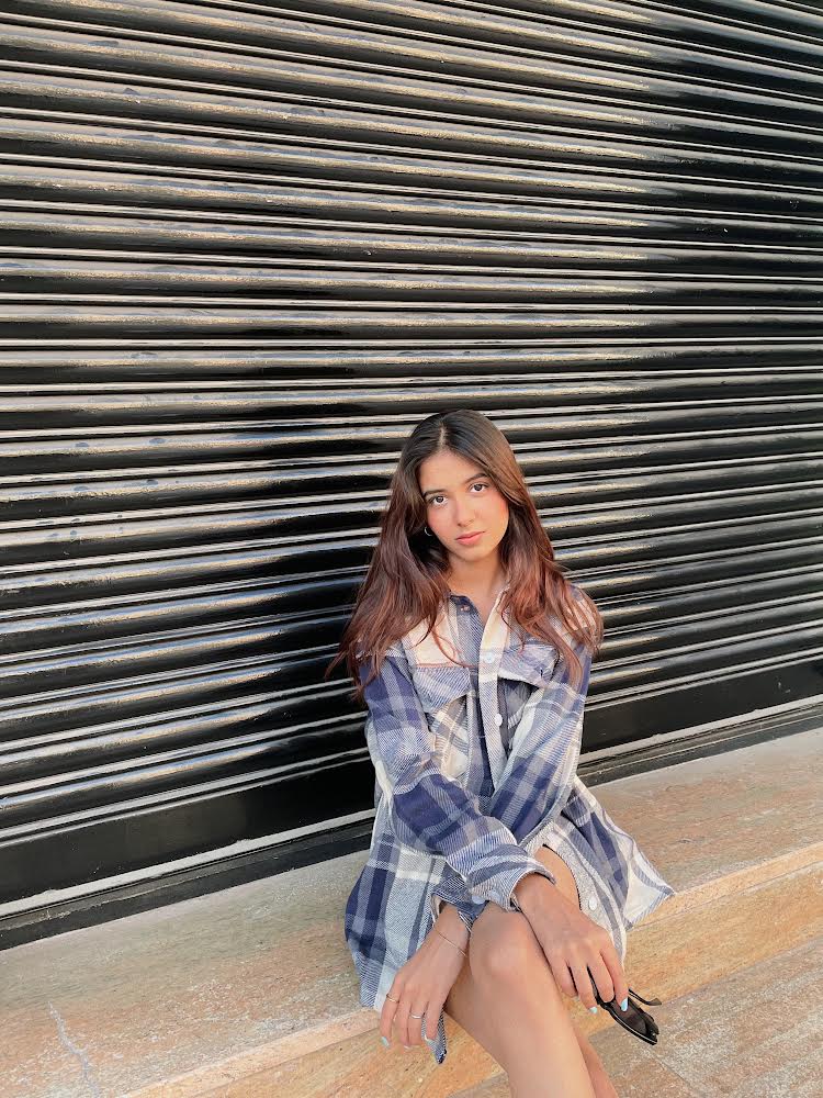 Oversized shacket in white and navy blue check print - Emprall