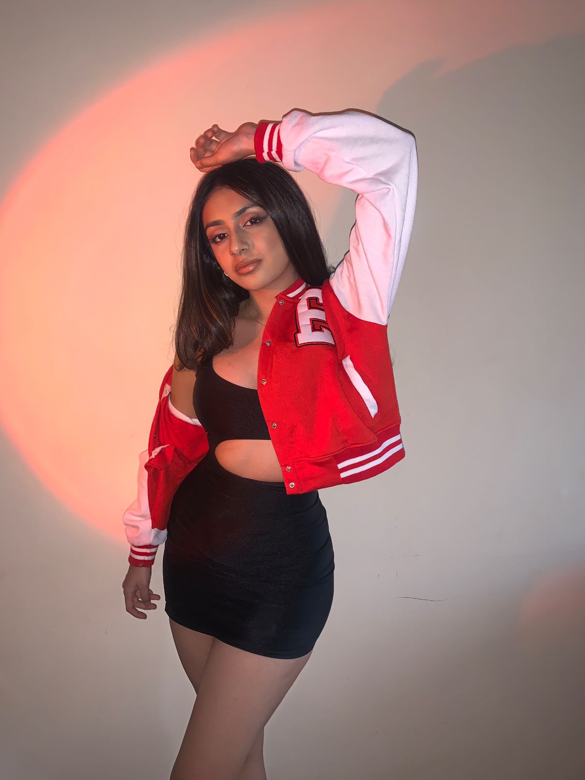 Red crop varsity jacket