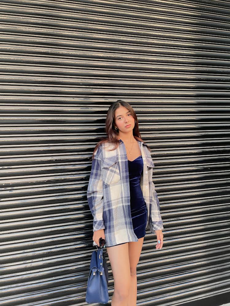 Oversized shacket in white and navy blue check print - Emprall 
