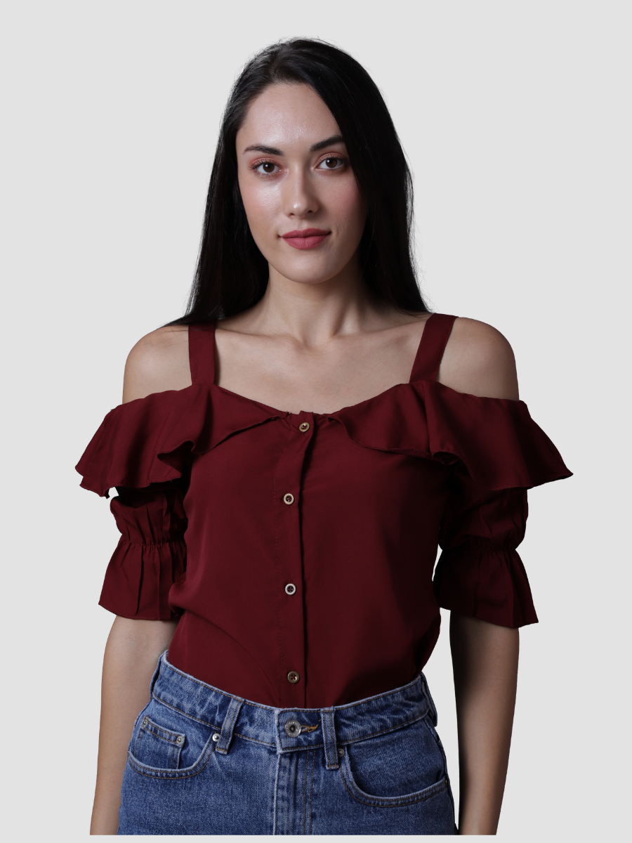 Dark Cherry Ruffle Neck Top