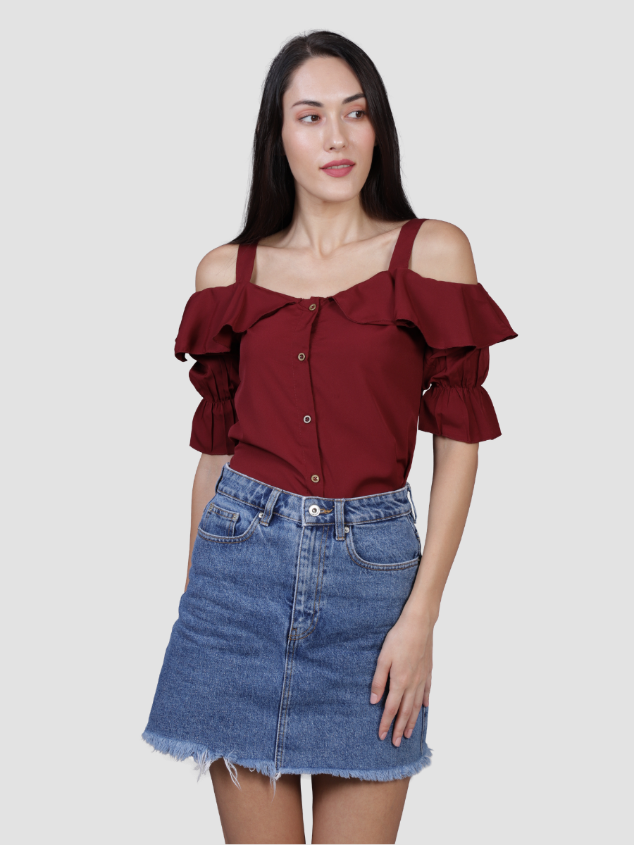 Dark Cherry Ruffle Neck Top