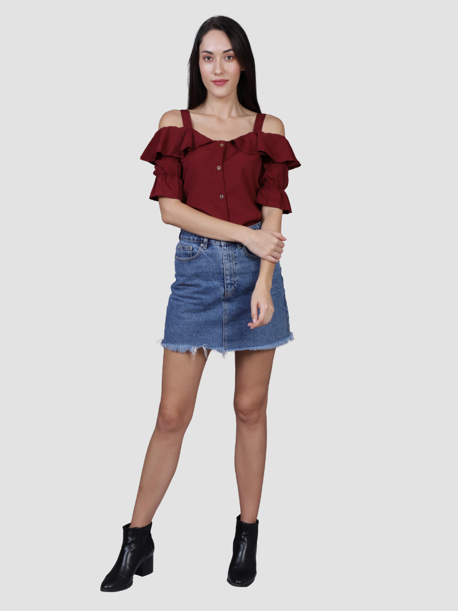 Dark Cherry Ruffle Neck Top