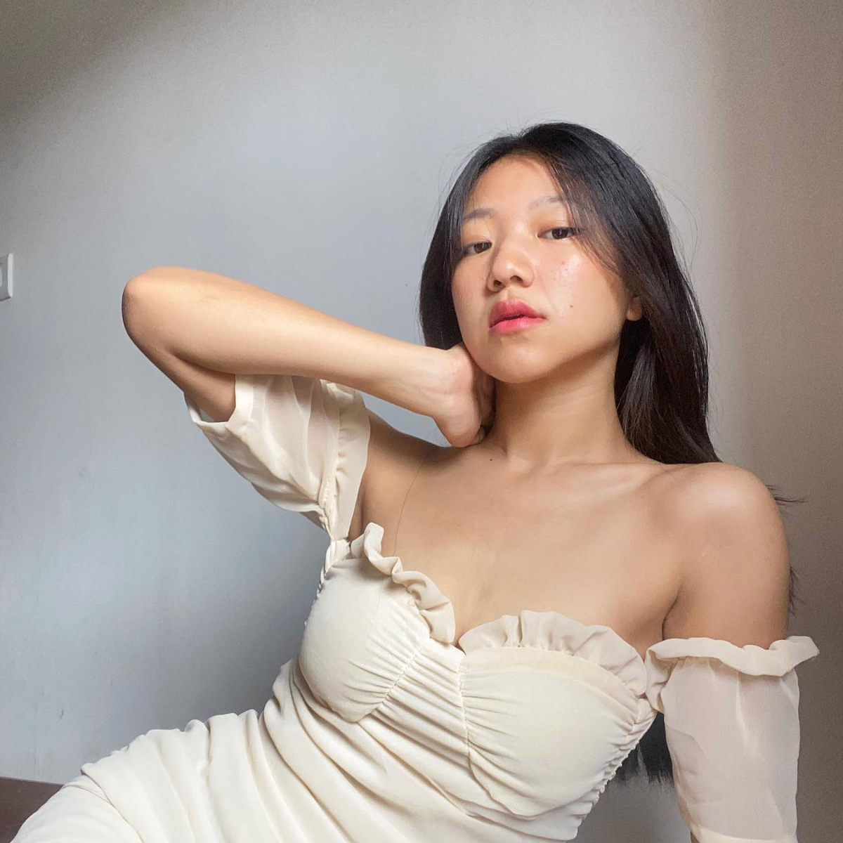 Kenzie beige off shoulder dress